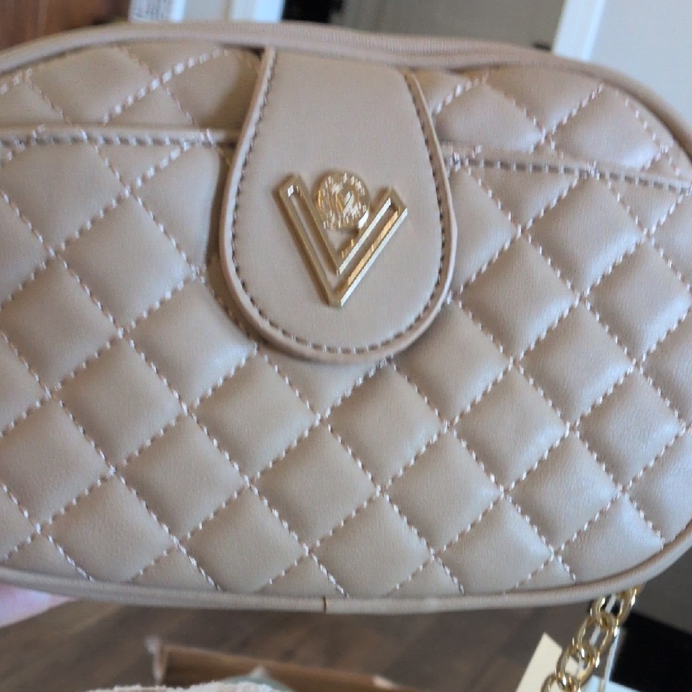 Valentino Orlandi Quilted Crossbody Bag in Beige with Gold Hardware
